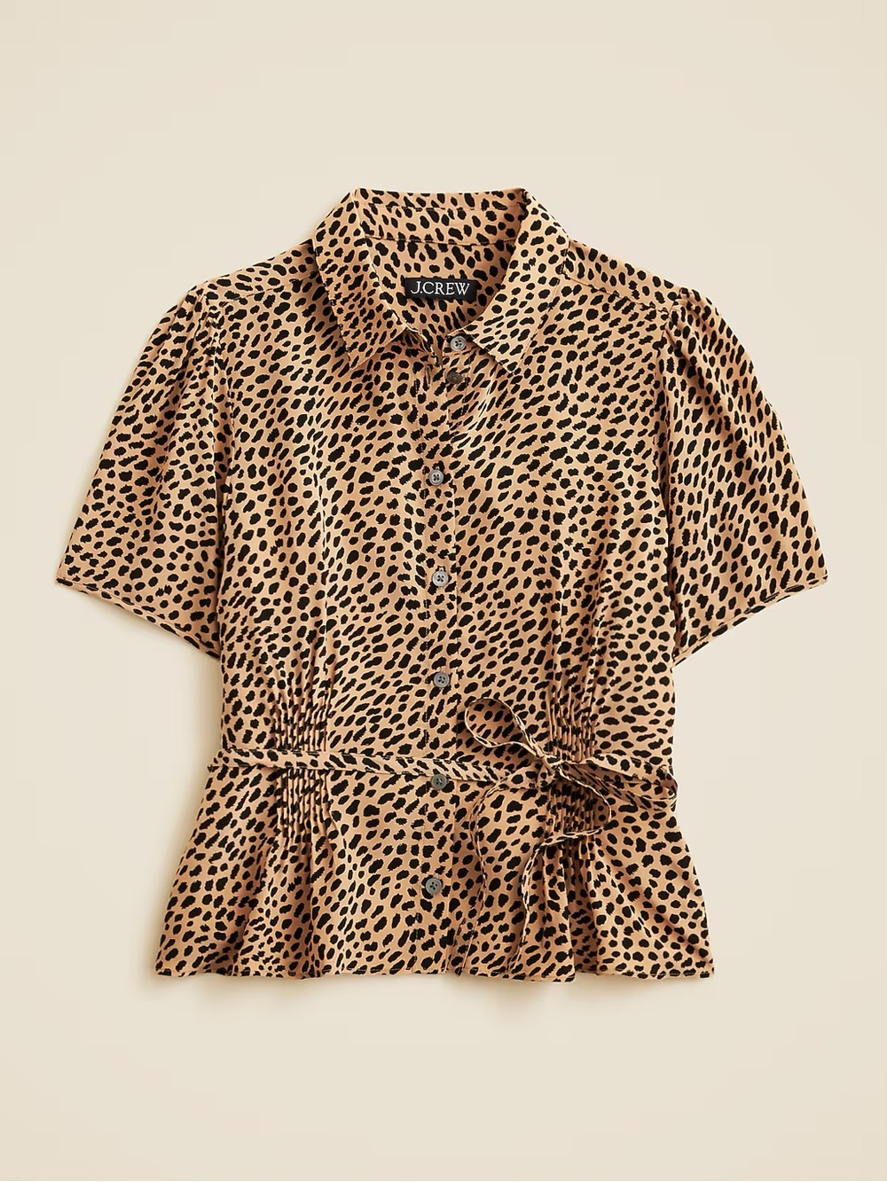 J. Crew Tan and Black Leopard-Print Short-Sleeve Tie-Waist Blouse